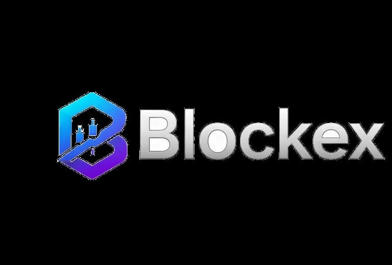 Blockex logo featuring a blue and purple hexagonal geometric shape with a person icon and white text reading Blockex